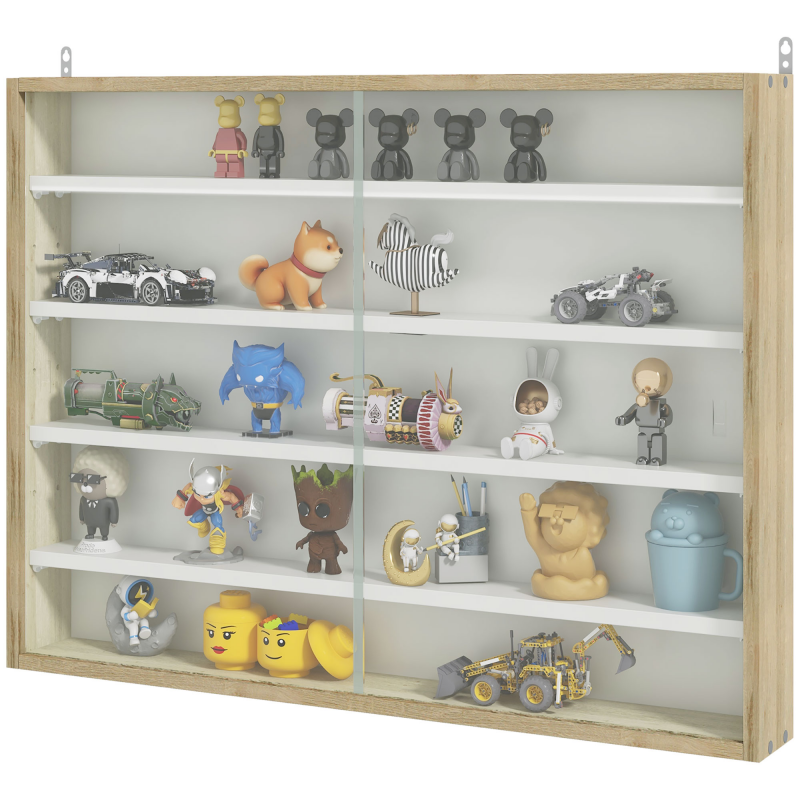 HOMCOM Vitrine für Sammlung Wandvitrine 80 x 9,5 x 60 cm mit 4 verstellbaren Regalen und 2 Schiebetüren aus Glas, für Sammlung von Figuren und Miniaturautos, Eiche Aosom – Bild 1 von 2