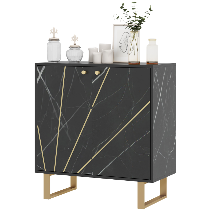 HOMCOM Buffet, Aufbewahrungsschrank, mit 2 Türen und höhenverstellbarem Regal, 76 x 35 x 77 cm, Aufbewahrungsschrank mit Metallbeinen, für Wohn- und Esszimmer, schwarzer Marmor-Ton Aosom – Bild 1 von 2
