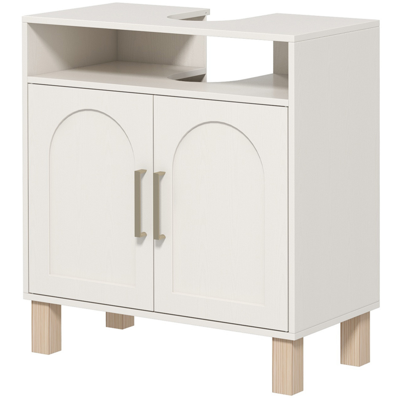 HOMCOM Unterschrank für Badezimmerunterschrank, Waschbeckenunterschrank, offenes Regal und Schrank mit 2 magnetischen Türen und verstellbarem Regal, 60 x 30 x 63 cm, weiß Aosom – Bild 1 von 2