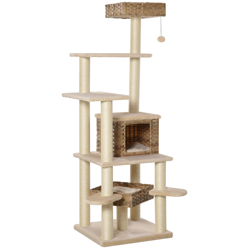 PawHut Kratzbaum Rattan, H174 cm, XXL Katzenbaum mit Katzenbox, Sitzplattformen, Katzenhöhle, Sisal, Beige+Braun Aosom – Bild 1 von 2