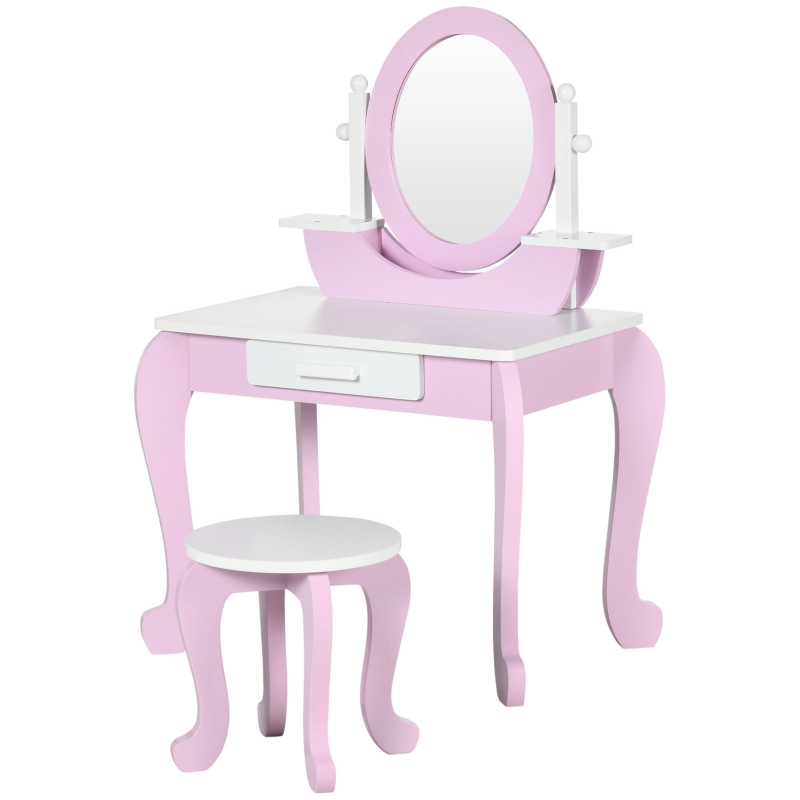 ZONEKIZ Kinder-Frisiertisch mit Hocker, Spiegel und Schublade 65,5 x 46 x 93 cm zweifarbig Rosa und Weiß Aosom – Bild 1 von 2