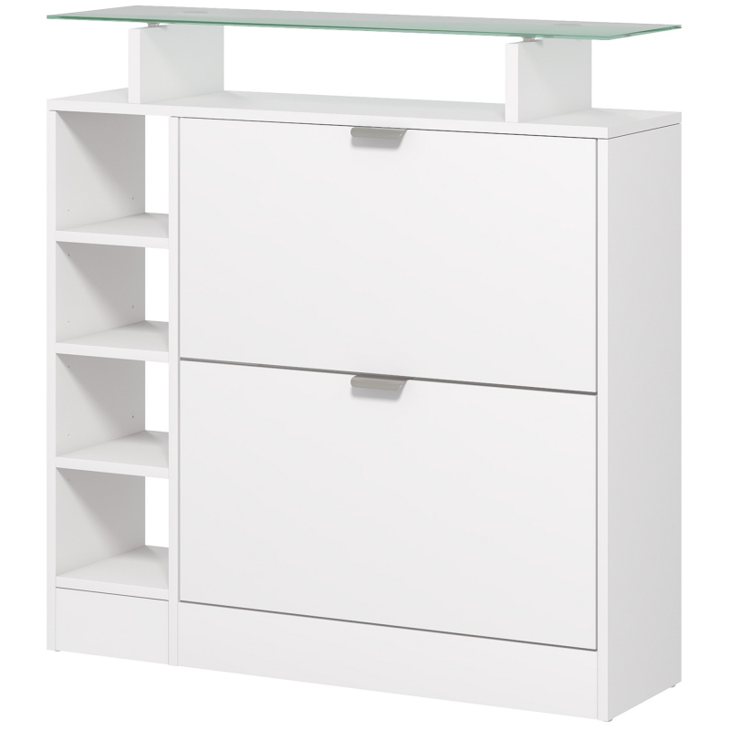 HOMCOM Moderne Schuhschrank mit zwei kippbaren Schubladen für 12 Paare, Schuhschrank mit Glasplatte und verstellbaren Regalen, 89 x 25 x 92 cm, weiß Aosom – Bild 1 von 2