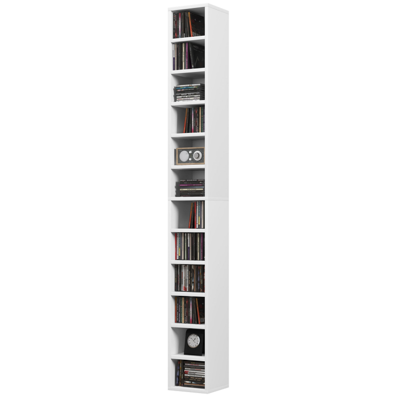 HOMCOM CD- und DVD-Aufbewahrung, CD/DVD-Regal mit 12 Fächern, Fassungsvermögen max. 204 CDs, 21 x 20 x 175 cm, Weiß Aosom – Bild 1 von 2