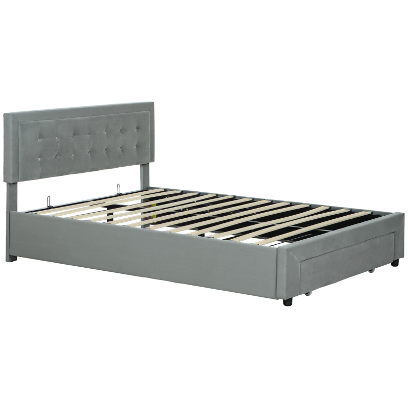 HOMCOM Doppelbettgestell 140 x 200 cm für 2 Personen - hydraulische Anhebung, Stauraum, Schublade auf Rollen, verstellbares Kopfteil und Lattenrost aus Holz, gepolstert mit samtigem Effekt, Grau Aosom – Bild 1 von 2
