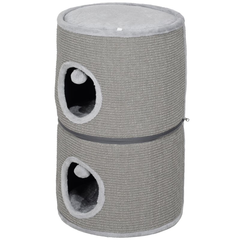 Pawhut Katzenturm modular, Kratztonne mit separat abnehmbarem Reißverschluss in 3 Ebenen, zwei Bälle, Höhle und Versteck für Katze, Höhe 69 cm, Grau Aosom – Bild 1 von 2