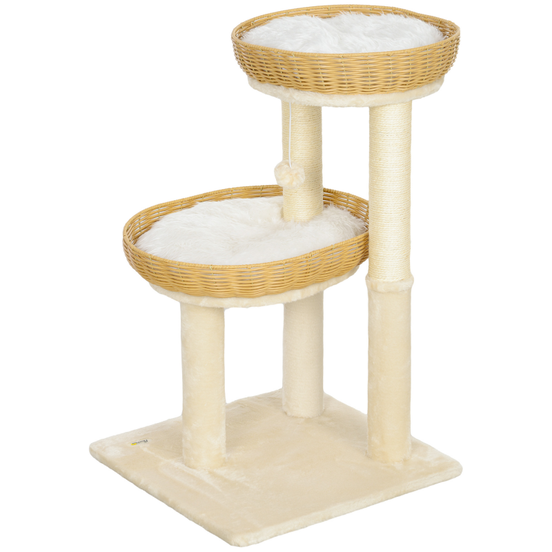 PawHut Katzenbaum, Kletterbaum, Höhe 75,5 cm, mit zwei Liegekörben aus Rattan für Katzen, Kratzbretter, waschbare Kissen, Spielball, Beige Aosom – Bild 1 von 2