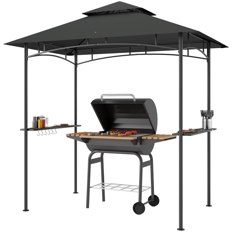 Outsunny Grillpavillon mit LED 240 x 150 x 258 cm wasserabweisend flammhemmend Gartenpavillon mit Doppelschichtdach, Seitenregalen, Gartenlauben mit UV-Schutz, BBQ Pavillon für Party BBQ Dunkelgrau Aosom – Bild 1 von 2