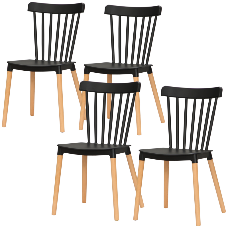 HOMCOM Set mit 4 Esszimmerstühlen, Küchenstühle im skandinavischen Stil, hohe Rückenlehne, Sitz aus Polypropylen, Buchenholzbeine, für Wohnzimmer, Schlafzimmer, Küche, Büro, schwarz Aosom – Bild 1 von 2