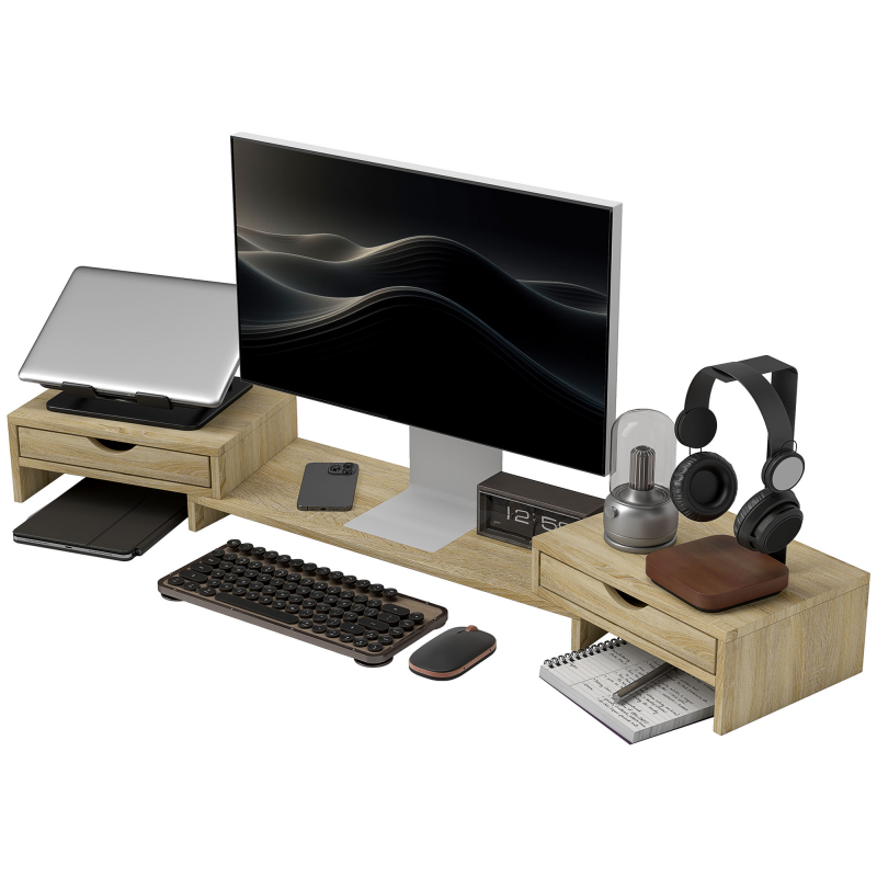 HOMCOM Monitorständer für den PC-Schreibtisch, 60-116 cm Monitorständer mit 2 Schubladen, verstellbare Länge und Winkel, für Laptop, Computer, PC, Eiche Aosom – Bild 1 von 2