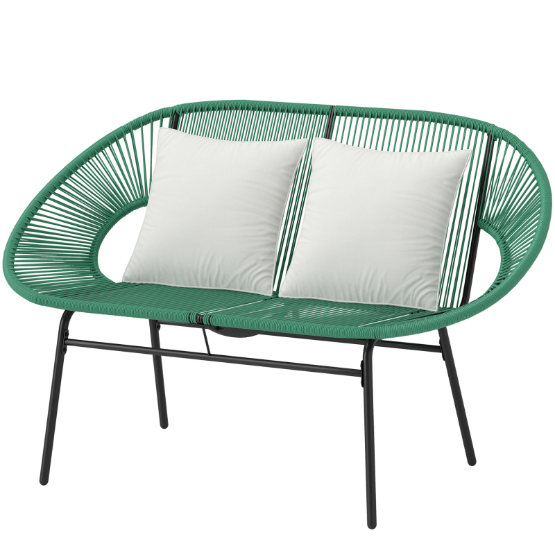 Outsunny Gartenbank 2-Sitzer aus Stahl und Rattan-Seilgeflecht mit 2 Kissen - Maße 132L x 72B x 83H cm - Dunkelgrün Aosom – Bild 1 von 2