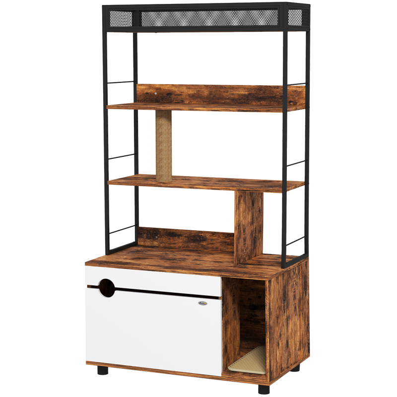PawHut 2-in-1 Katzenklo Schrank, Katzenklo mit 3-Ebenen-Regal, Kratzpfosten, Klapptür, Katzenhaus für Katze unter 6 kg, 80 x 48 x 152 cm, Rustikal-Braun Aosom – Bild 1 von 2