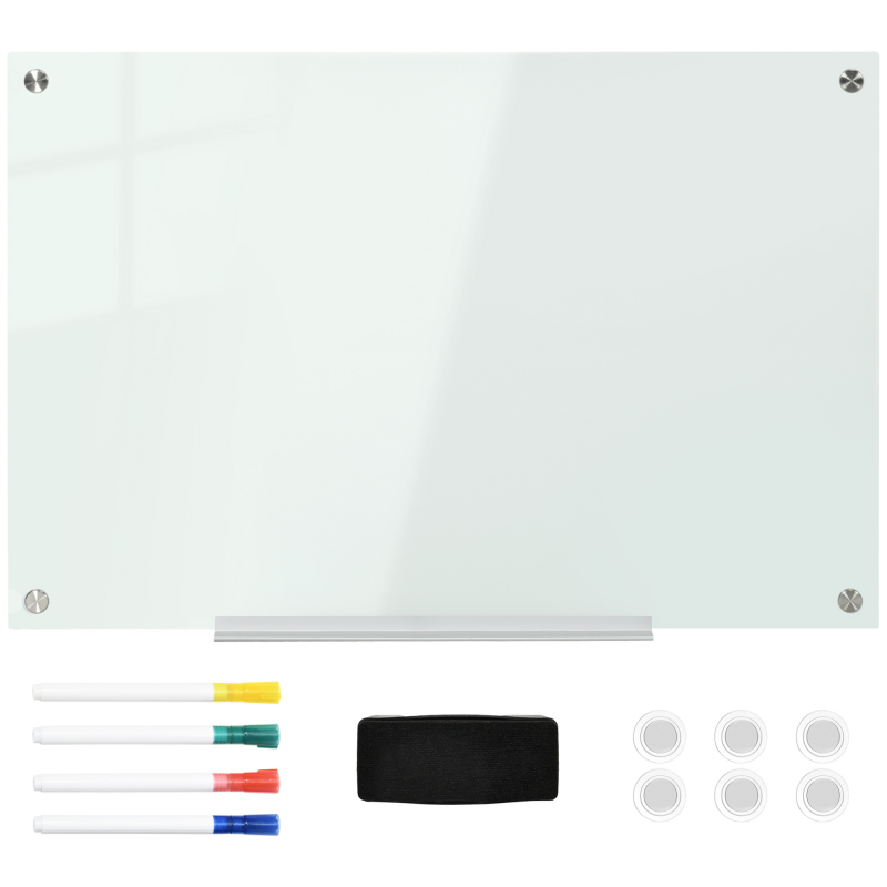Vinsetto Whiteboard Magnettafel 90x60cm mit 4 Stiften 6 Magneten 1 Schwamm und Ablage, Staffelei Glastafel für Wandmontage Aosom.de – Bild 1 von 2