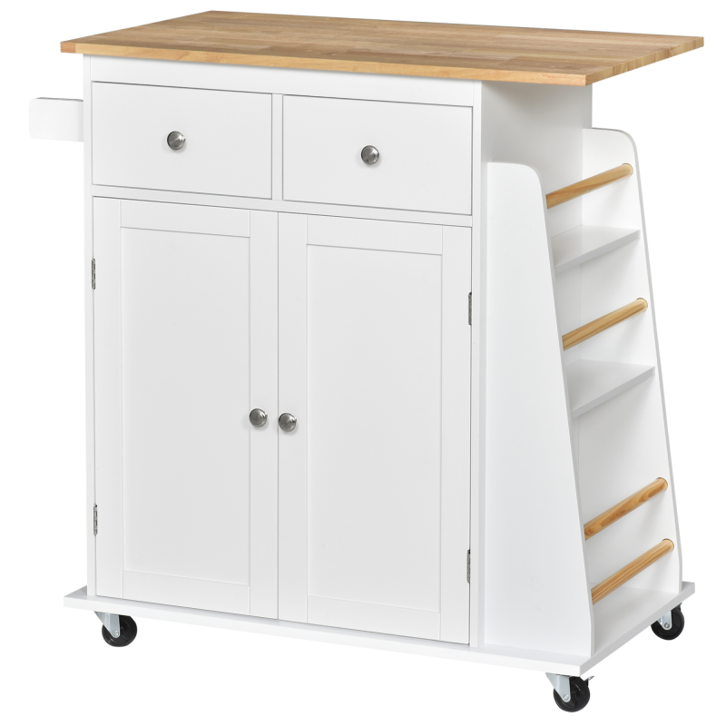HOMCOM Servierwagen Küchenwagen mit Rollen,Seitenregal und Gewürzregal, Küchenhilfe, P2 MDF, Gummiholz, Weiß+Natur, 89 x 45 x 89,5 cm Aosom – Bild 1 von 2
