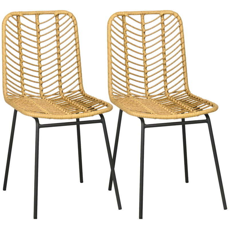 HOMCOM Esszimmerstuhl 2er-Set Küchenstuhl mit Rückenlehne in Rattanoptik, Stahl, Gelb, 44x58x85cm für Esszimmer & Wohnzimmer Aosom – Bild 1 von 2