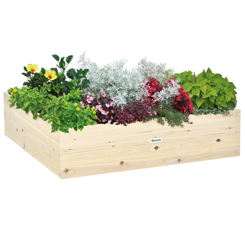 Outsunny Hochbeet Holz Gartenbeet mit Vliesstoff 117x117x30cm Pflanzkübel für Balkon und Garten Natur Aosom.de – Bild 1 von 2