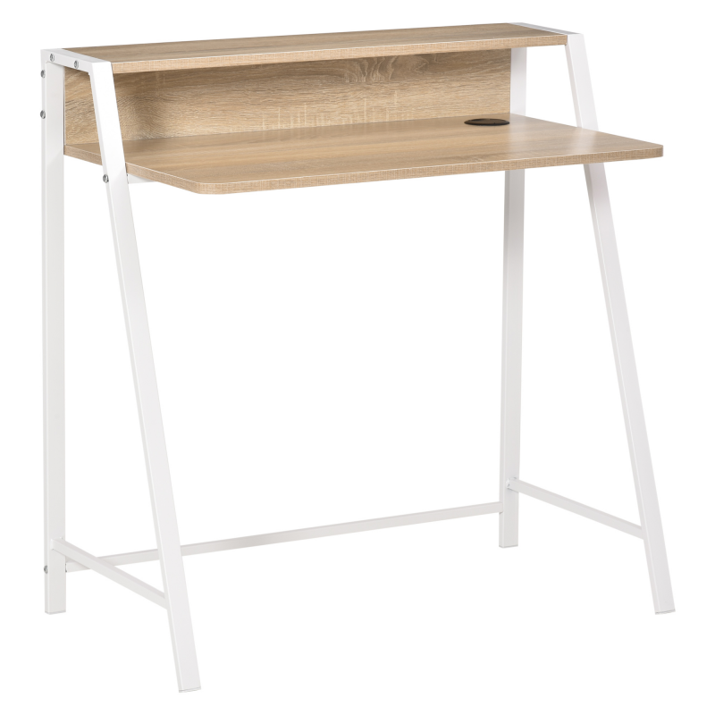 HOMCOM Schreibtisch Moderner Computertisch mit Ablagefach & Kabeldurchlass Metallgestell Weiß Eiche 84x45x85cm für Home Office & Arbeitszimmer Aosom.de – Bild 1 von 2
