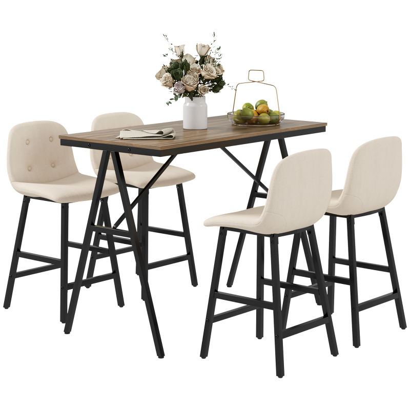 HOMCOM Bartisch mit Barhocker Set, 5-teilige Essgruppe, Küchentisch, Bistrotisch mit 4 Stühlen, Bartisch Set für Küche, Wohnzimmer, Stahl, Beige, 120 x 60 x 91 cm Aosom – Bild 1 von 2