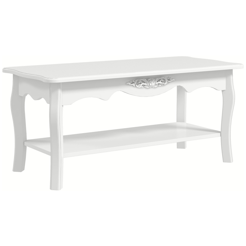 HOMCOM Couchtisch Kaffeetisch mit Ablage Wohnzimmertisch Beistelltisch mit Gravur und gebogenen Beinen Holz Weiß 94x44x43cm Aosom – Bild 1 von 2