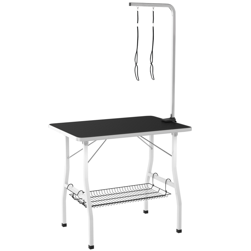 PawHut Hundepflegetisch, höhenverstellbar Trimmtisch für Hunde, klappbar Schertisch, Haustierpflegetisch mit Netzkorb, Schlingen, für Haartrocken, Haarschneiden, bis 40kg belastbar Schwarz+Weiß Aosom – Bild 1 von 2