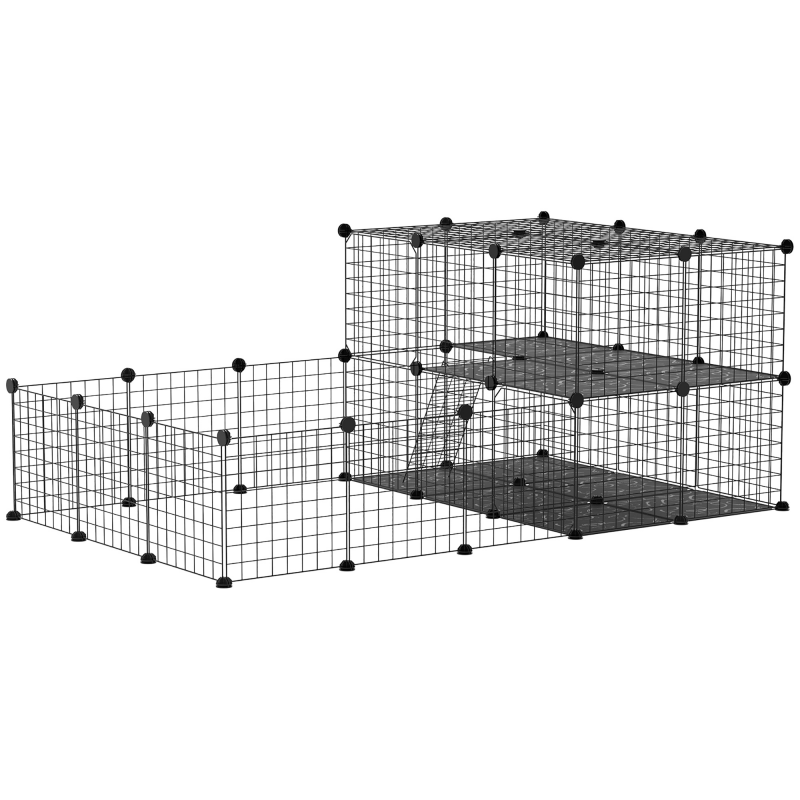 PawHut Metallgitter Kleintierkäfig 2-stöckig mit Tür und Leiter, DIY Freigehege aus Metall, 33 Platten für Kaninchen & Meerschweinchen Aosom.de – Bild 1 von 2