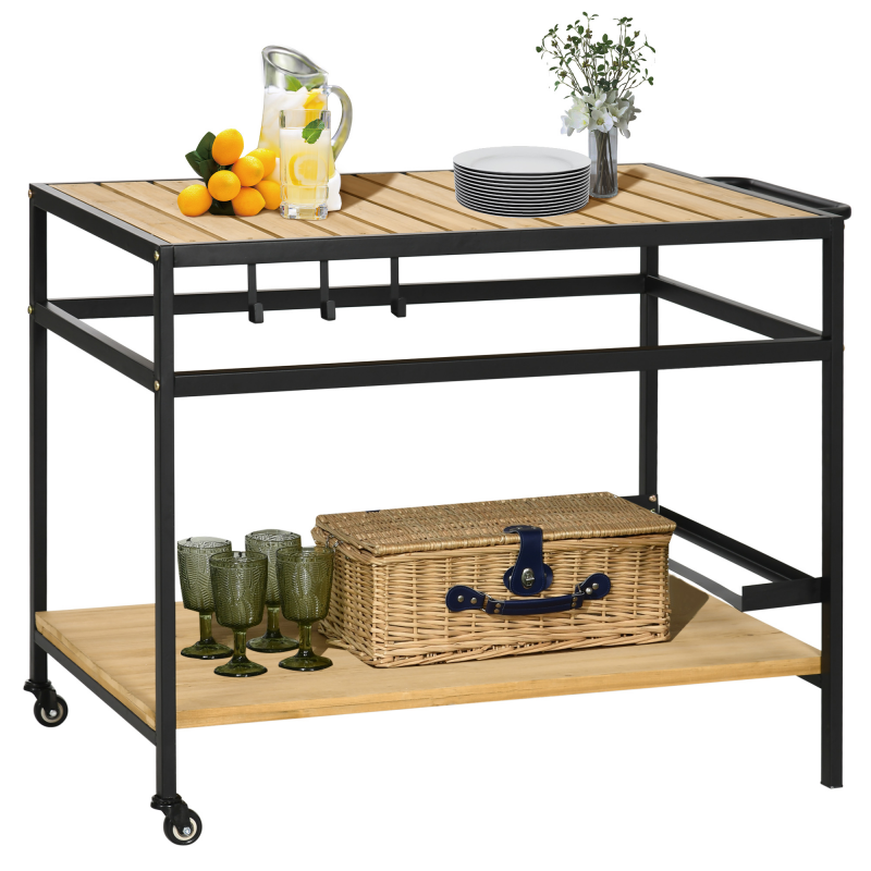 Outsunny Servierwagen Barbecue Trolley mit 2 Regalen und Haken, Küchenwagen mit Rollen für Outdoor, Multifunktionstisch Natur 107 x 65 x 80cm Aosom.de – Bild 1 von 2