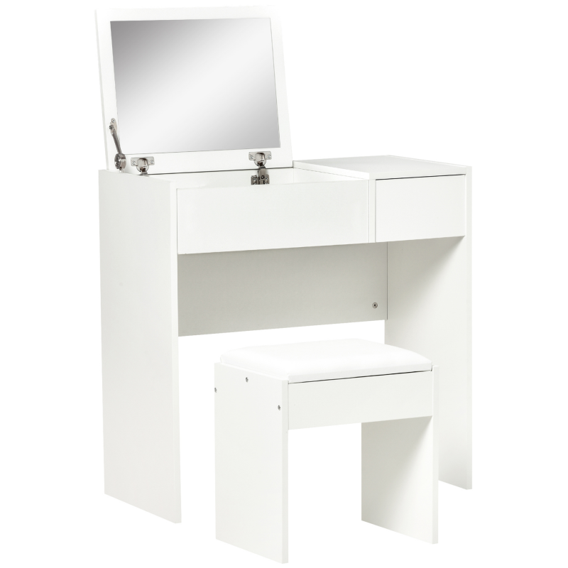 HOMCOM Schminktisch Frisiertisch Kosmetiktisch Klappspiegel mit Hocker Weiß 80 x 40 x 79cm Aosom – Bild 1 von 2
