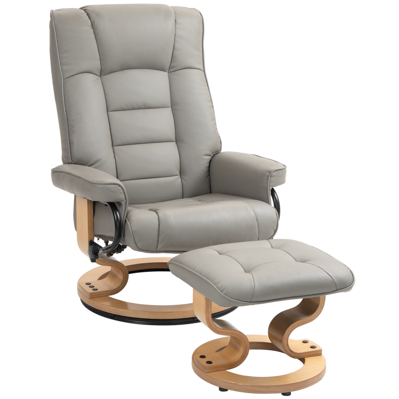 HOMCOM Relaxsessel mit Hocker, 360° Drehbar, 130° neigbar, mit Liegefunktion, hohen Rückenlehne, Holzrahmen, Kunstleder, 76x85x104cm, Grau Aosom – Bild 1 von 2
