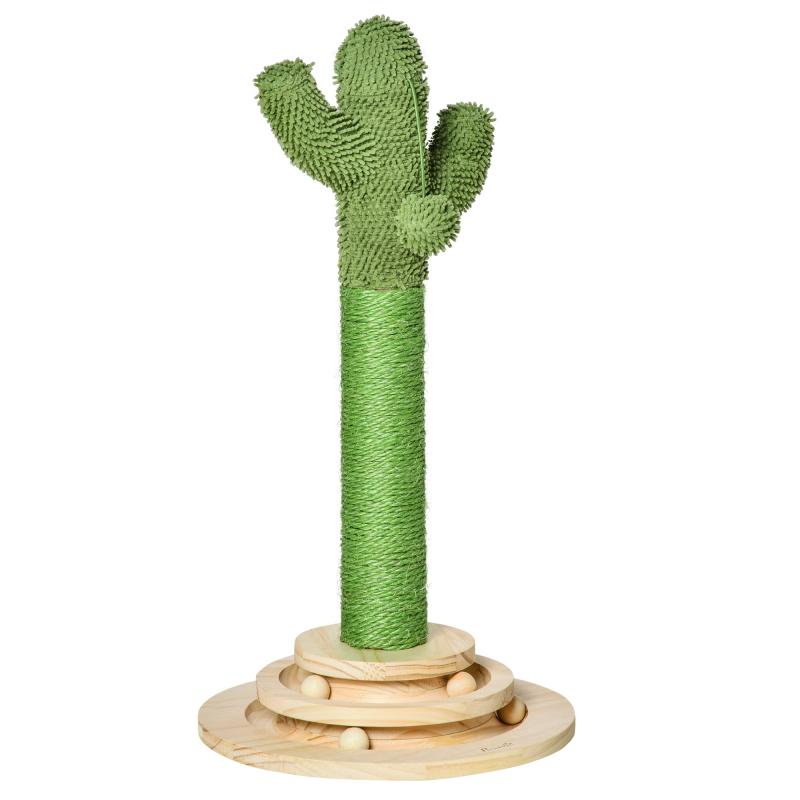 PawHut Katzen Kratzbaum Kaktus-Design 60cm aus Kiefernholz & Sisal Seil mit Holzkugel-Spielzeug in Grün & Natur Aosom.de – Bild 1 von 2