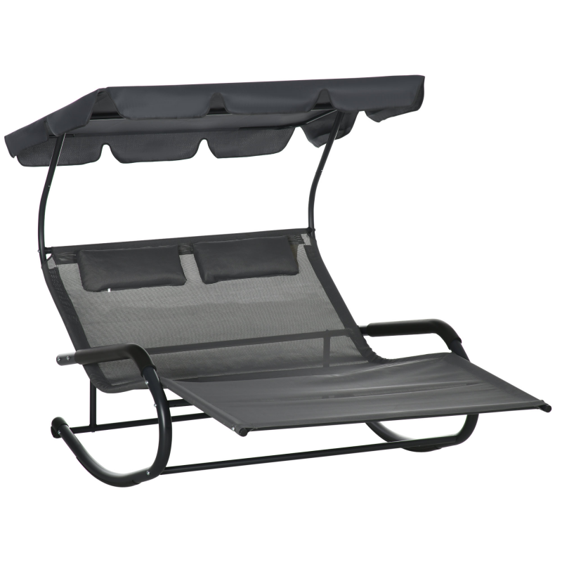 Outsunny Doppel-Sonnenliege Schaukelbank mit Sonnendach, Schaukelsessel mit Rollen, Gartenliege mit Kopfkissen, 220 kg Belastung, für 2 Personen, Dunkelgrau, 200x139x140cm Aosom – Bild 1 von 2