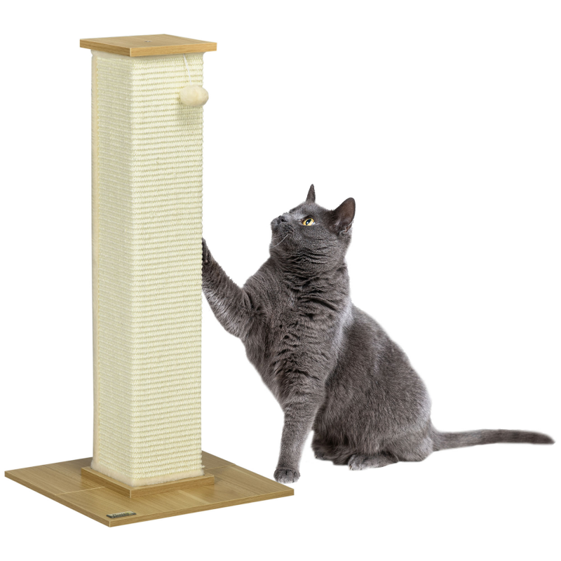 PawHut Kratzsäulen für Katzen 38L x 38B x 80H cm stabil & sicher mit Kratzbrett Spielbällen aus Sisal Eiche Cremeweiß platzsparend Aosom.de – Bild 1 von 2