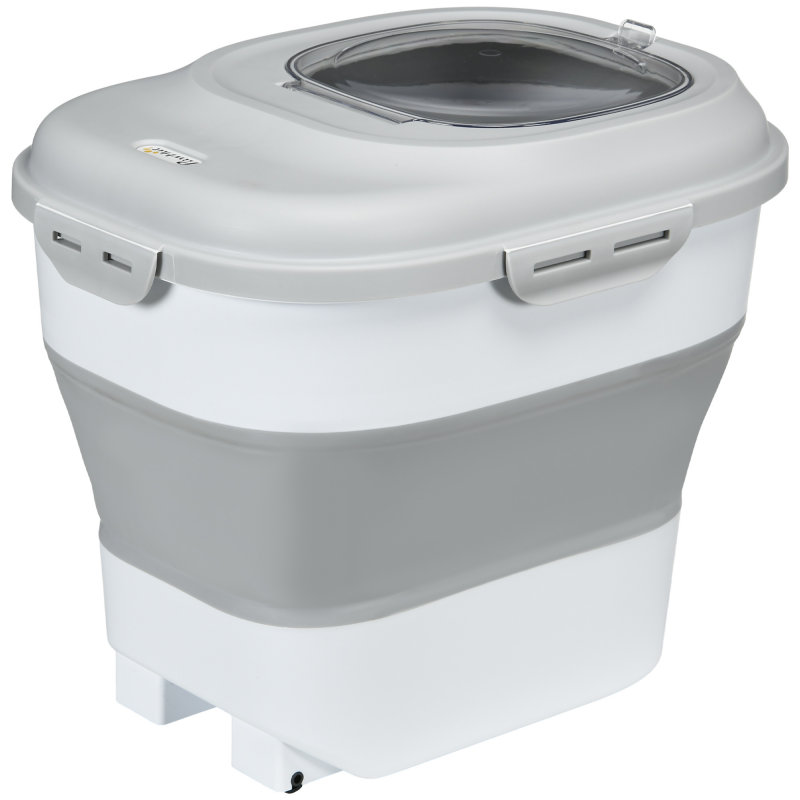 PawHut Hundefutter Aufbewahrung, 25L, 44x32x37cm, faltbar, mit 4-Seiten-Verschlussdeckel, Rollen, Näpfe, Messbecher, Schaufel, Kunststoff, Grau Aosom – Bild 1 von 2
