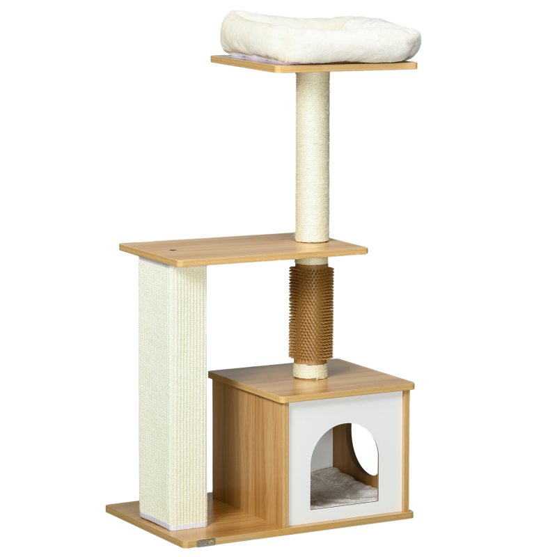 PawHut stabiler Kratzbaum 114H cm für kleine Katzen, Katzenbaum mit Kratzsäule, Katzenhöhle und Kletterbaum aus Eiche Aosom.de – Bild 1 von 2