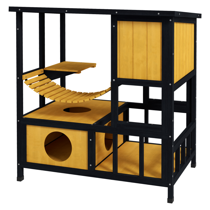 PawHut Katzenhaus aus Holz Katzenhöhle mit Hängebrücke und Balkon wasserdicht für 1-2 Katzen bis 5kg Gelb Aosom.de – Bild 1 von 2
