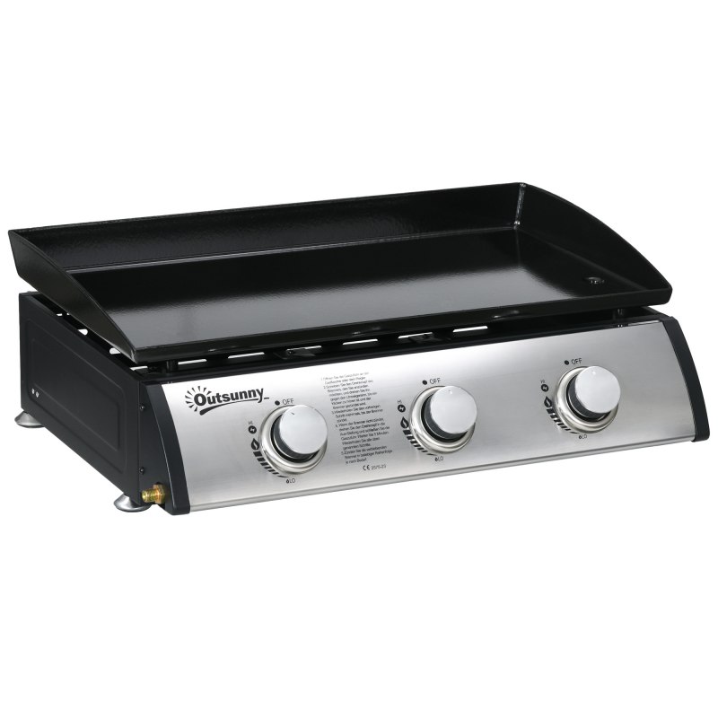 Outsunny Gasgrill, Tischgrill BBQ mit 3 Brennern, Tischgasgrill mit Schlauch, Deckel, Campinggrill für Garten, Edelstahl, Metall, Schwarz, 63 x 47 x 25 cm Aosom – Bild 1 von 2