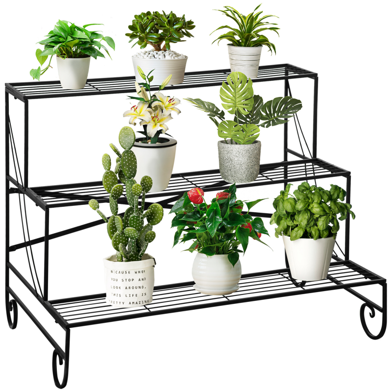 Outsunny Blumenregal Metall 3-stufiges Pflanzenregal Blumentreppe für Garten Balkon Schwarz 95x63x72cm Aosom.de – Bild 1 von 2