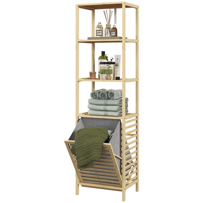 HOMCOM Badregal Bambus, 44 x 33 x 160cm, platzsparend,mit 3 offenen Ablagen, ausziehbarem Stoffkorb, Kippschutz, höheren Sockel, Natur Aosom – Bild 1 von 2