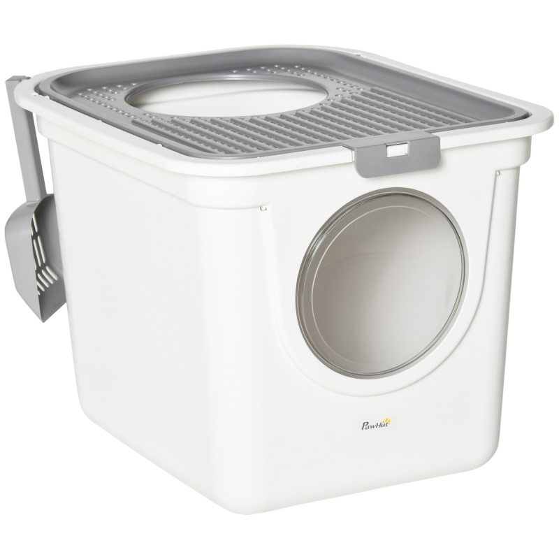 PawHut Katzentoilette mit Deckel Katzenklo mit Schaufel, bis 5 kg, Indoor, Kunststoff, Grau+Weiß, 44x55x39cm Aosom – Bild 1 von 2