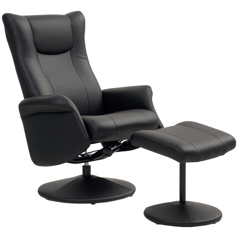 HOMCOM Relaxsessel mit Hocker 360°Drehbarer Fernsehsessel mit Liegefunktion Ruhesessel mit Verstellbar Rückenlehne TV-Sessel bis 150 kg belastbar für Wohnzimmer Kunstleder, Schwarz Aosom – Bild 1 von 2