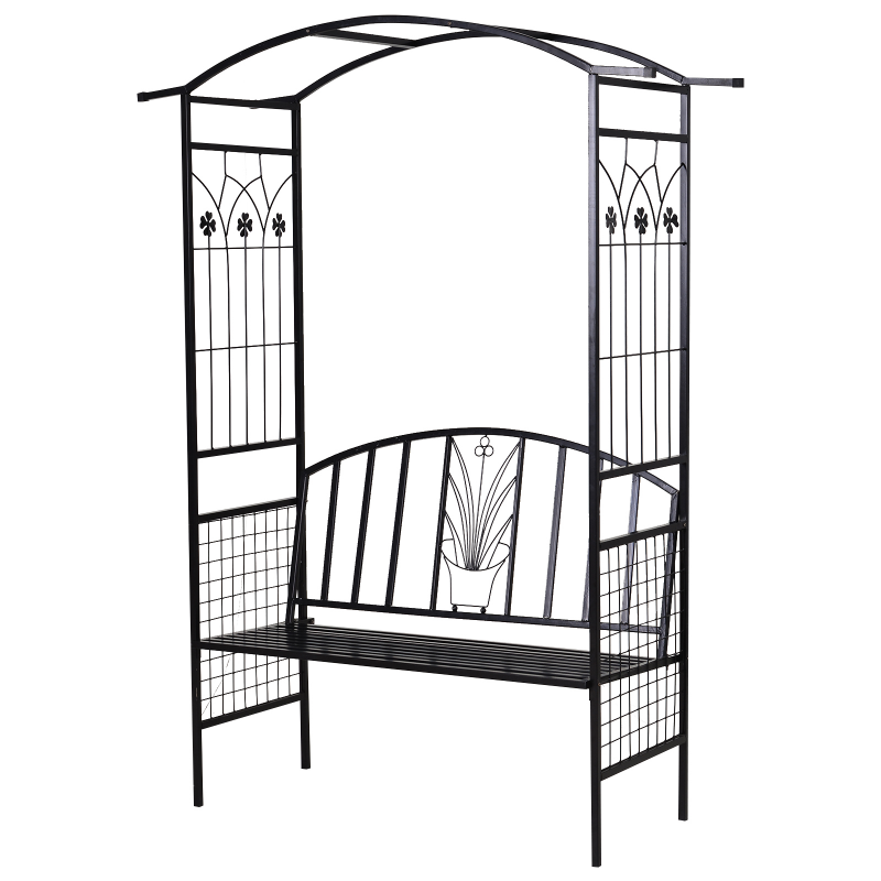 Outsunny Pflanzbogen mit Bank, Rankbogen Gartenbogen aus Metall, Rosenbogen für Garten & Terrasse, Sitzbank 154x60x205 cm Schwarz Aosom – Bild 1 von 2