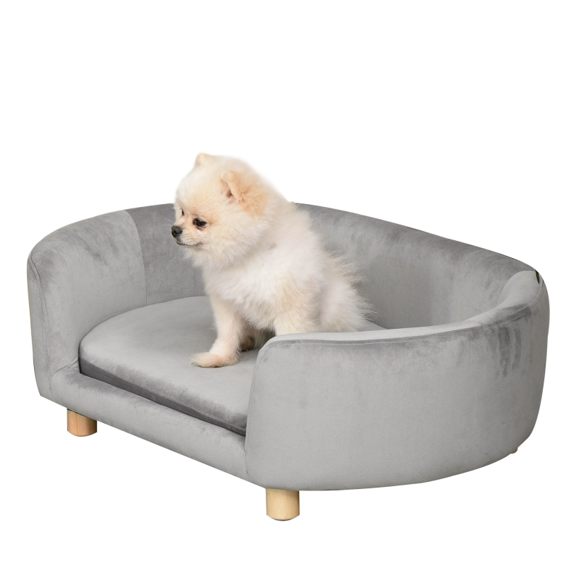 PawHut Hundesofa mit holländischem Samt und Schaumstoff, 86 x 55 x 33 cm, für kleine Hunde und Katzen, Birkenbeine, hellgrau Aosom.de – Bild 1 von 2