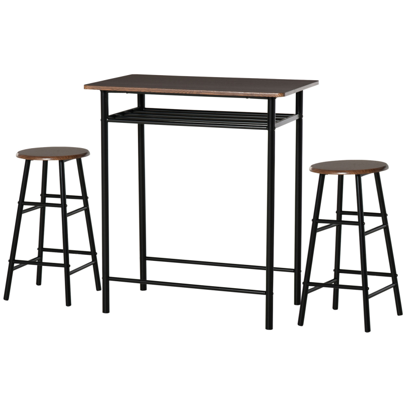 HOMCOM Bartisch Set 3-teilig Esstisch mit 2 Barhocker Essgruppe Küchentisch und Stühle Stehtisch und Barhocker mit Lagerregal Metall 80 x 50 x 90 cm Schwarz Aosom – Bild 1 von 2