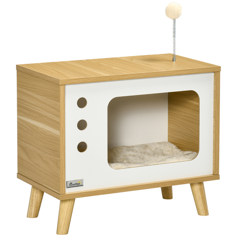 PawHut Katzenhaus im TV-Design Spielball & Kissen inklusive, Katzenkorb, Eiche/Beige/Weiß, 50x28x43cm Aosom – Bild 1 von 2