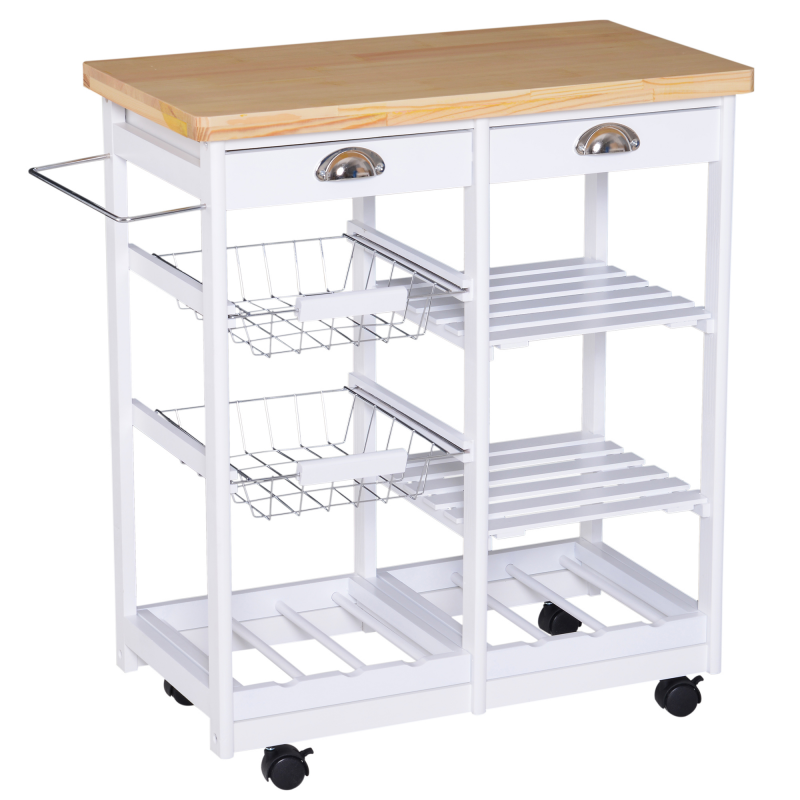 HOMCOM Küchenwagen Servierwagen mit Korb Schublade und Weinablage, rollbar aus Holz in Weiß 74x37x76 cm für Küche und Esszimmer Aosom.de – Bild 1 von 2