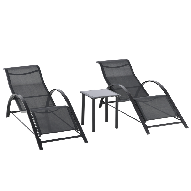 OUTSUNNY Sonnenliege mit Tisch 3er-Set Gartenliegen Relaxliege Liegestuhl atmungsaktives Gartenmöbel für Balkon Terrasse Schwarz Aosom.de – Bild 1 von 2