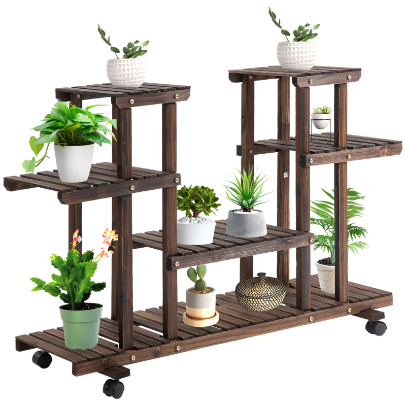 Outsunny Blumenständer Pflanzenregal vierstufiges Regal aus massivem verkohltem Holz 123,5x33x80cm für Garten Balkon Aosom.de – Bild 1 von 2