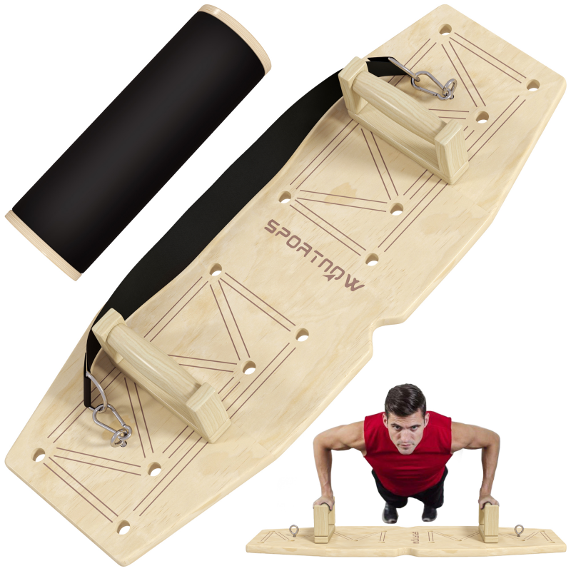 SPORTNOW Liegestützgriffe aus Holz Push Up Bars mit 8 Lochpaaren, inkl. Widerstandsbänder, 11 Übungen, Fitness Parallettes für Muskeltraining, Krafttraining Natur Aosom – Bild 1 von 2