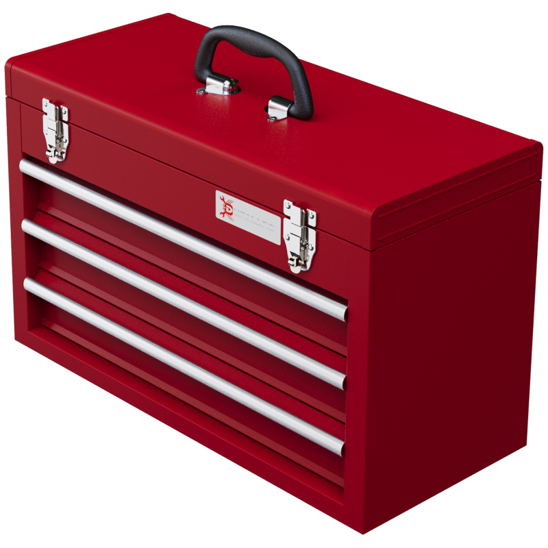 DURHAND Werkzeugkoffer leer 51x22x32cm mit 3 Schubladen und oberem Staufach, Handgriff und Schloss, robuste Werkzeugkiste aus Stahl in Rot Aosom.de – Bild 1 von 2