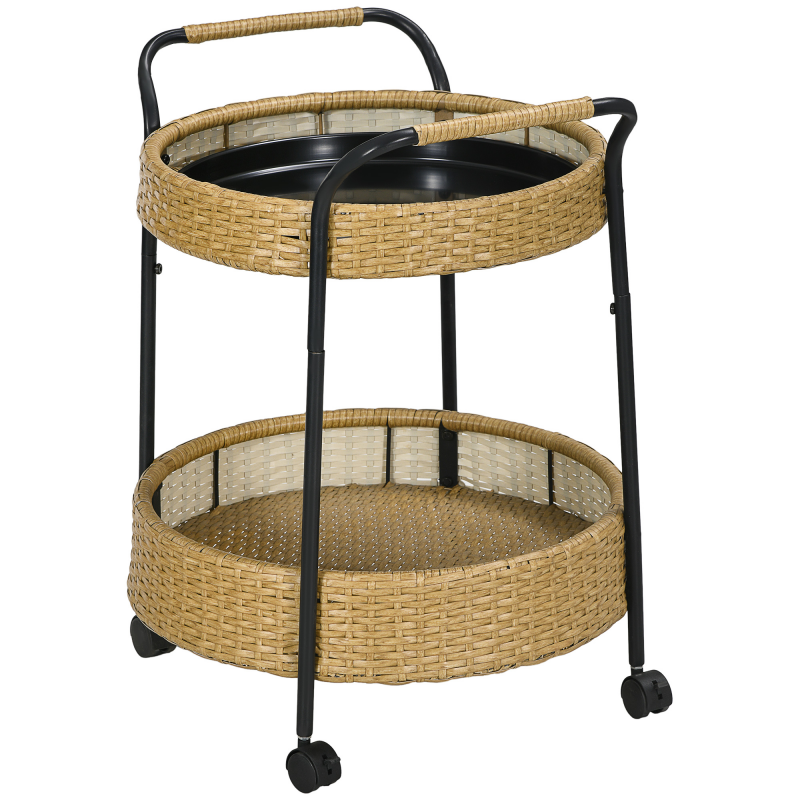 Outsunny Servierwagen, Φ50 x 66 cm, Rattan Trolley mit 2 Regalen, Gartenrollwagen, Runde Küchenwagen mit Griffen, Outdoor Barwagen, Natur Aosom – Bild 1 von 2