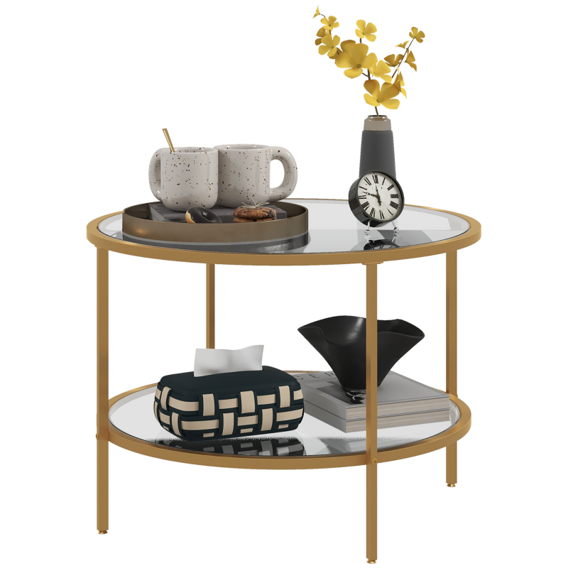 HOMCOM Beistelltisch Rund Couchtisch mit Ablage Ø60 x 43 cm, Stahlrahmen, eleganter Kaffeetisch für Wohnzimmer & Schlafzimmer in Gold Aosom.de – Bild 1 von 2
