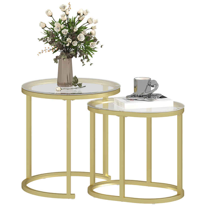 HOMCOM Couchtisch rund 2er Set Stapelbarer Beistelltisch mit Stahlrahmen, Wohnzimmertisch Kaffeetisch für Wohnzimmer Schlafzimmer Gold Aosom – Bild 1 von 2